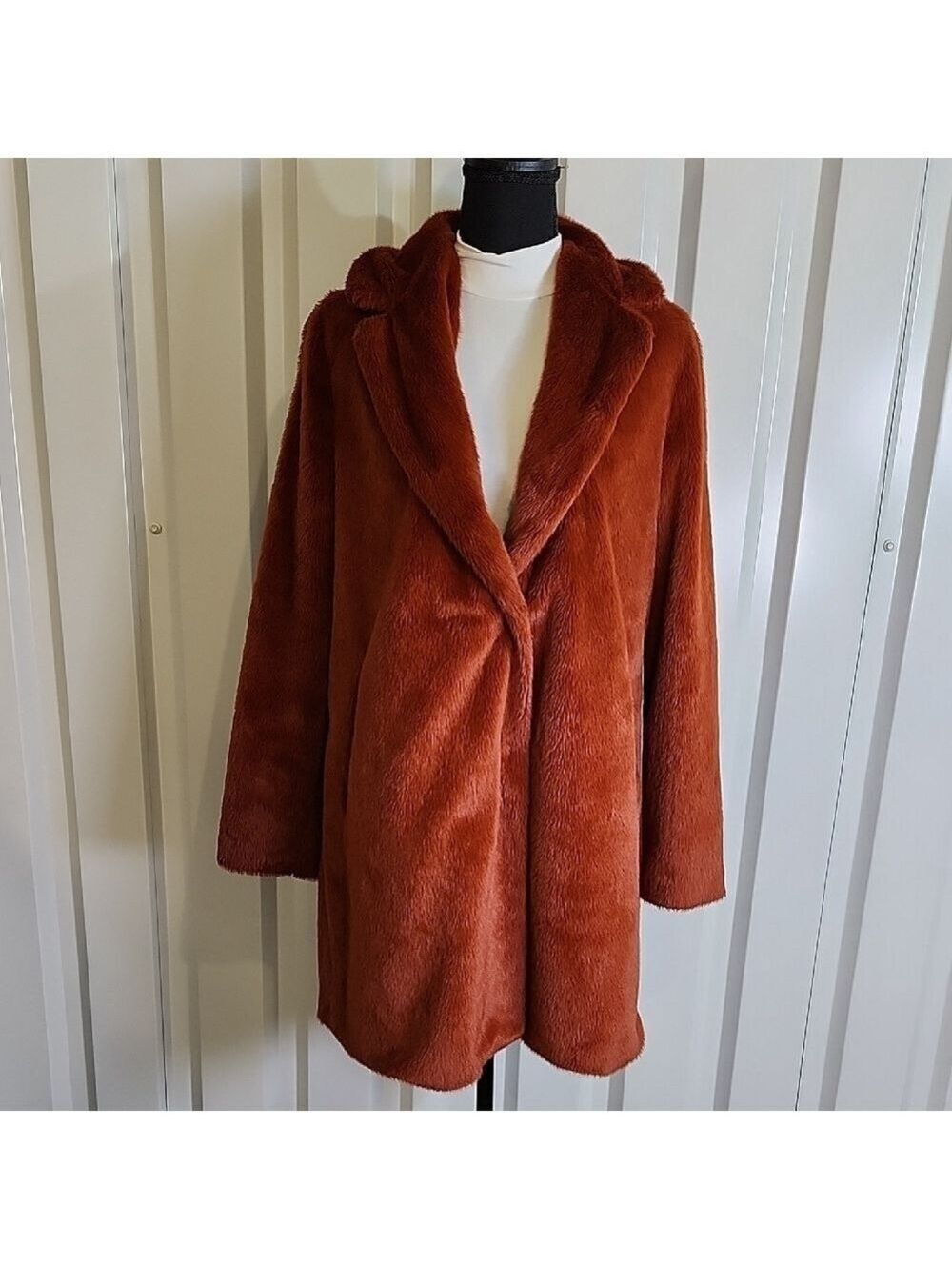 Sebby Collection Women's Faux Fur Notch Collar 3/4 Length Coat Rust Size Medium